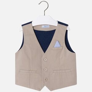 Size 6 Boys Mayoral Beige Vest with Navy Lining and Light Blue Pocket Accent